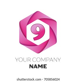 Realistic number nine vector logo symbol in the colorful hexagonal on white background. Vector template for your design