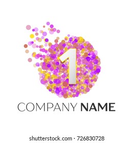 Realistic Number one logo with red, purle, yellow particles and bubble dots in circle on white background. Vector template for your design