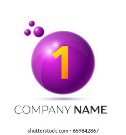 Realistic Number one splash logo. Purple dots and bubbles number design on grey background. Vector Illustration