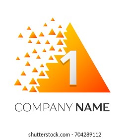 Realistic number one vector logo symbol in the colorful triangle with shattered blocks on white background. Pixel Motion. Vector template for your design