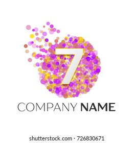 Realistic Number seven logo with red, purle, yellow particles and bubble dots in circle on white background. Vector template for your design