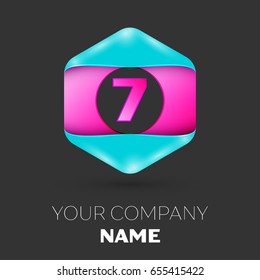 Realistic Number seven vector logo symbol in the colorful hexagonal on black background. Vector template for your design