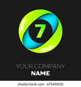Realistic number seven vector logo symbol in the colorful circle on black background. Vector template for your design