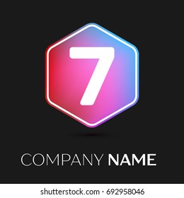 Realistic number seven vector logo symbol in the colorful hexagonal on black background. Vector template for your design