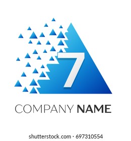 Realistic number seven vector logo symbol in the colorful triangle with shattered blocks on white background. Pixel Motion. Vector template for your design