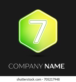 Realistic number seven vector logo symbol in the colorful hexagonal on black background. Vector template for your design