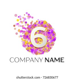 Realistic Number six logo with red, purle, yellow particles and bubble dots in circle on white background. Vector template for your design