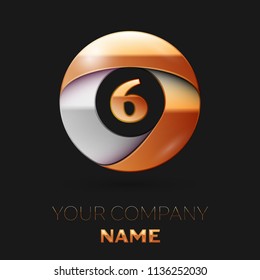 Realistic Number Six logo symbol in the colorful golden-silver circle shape on black background. Vector template for your design