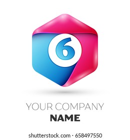 Realistic Number six vector logo symbol in the colorful hexagonal on white background. Vector template for your design