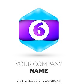 Realistic Number six vector logo symbol in the colorful hexagonal on white background. Vector template for your design