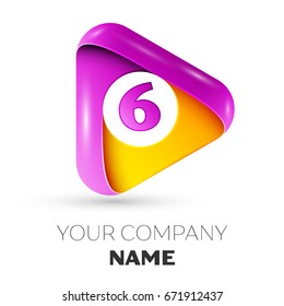 Realistic Number six vector logo symbol in the colorful triangle on white background. Vector template for your design