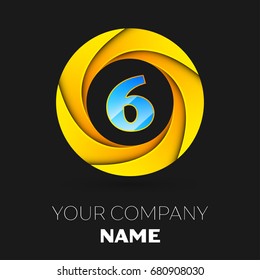 Realistic number six vector logo symbol in the colorful circle on black background. Vector template for your design