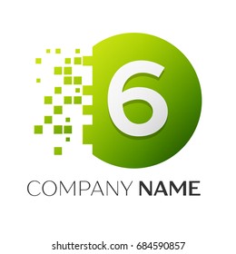 Realistic number six vector logo symbol in the colorful circle with shattered blocks on white background. Pixel Motion. Vector template for your design
