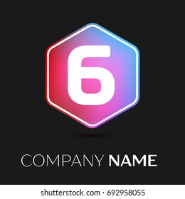 Realistic number six vector logo symbol in the colorful hexagonal on black background. Vector template for your design