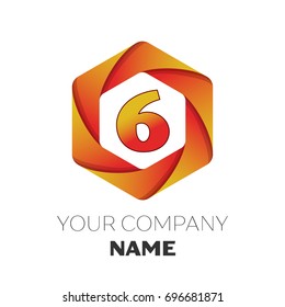 Realistic number six vector logo symbol in the colorful hexagonal on white background. Vector template for your design