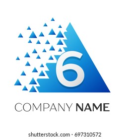 Realistic number six vector logo symbol in the colorful triangle with shattered blocks on white background. Pixel Motion. Vector template for your design