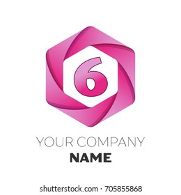 Realistic number six vector logo symbol in the colorful hexagonal on white background. Vector template for your design