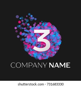 Realistic Number three logo with blue, purple, pink particles and bubble dots in circle on black background. Vector template for your design