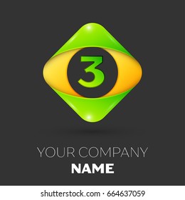 Realistic Number three vector logo symbol in the colorful rhombus on white background. Vector template for your design