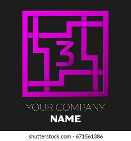 Realistic Number three vector logo symbol in the colorful square maze on black background. Shadow Breaks. Vector template for your design