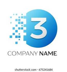 Realistic number three vector logo symbol in the colorful circle with shattered blocks on white background. Pixel Motion. Vector template for your design