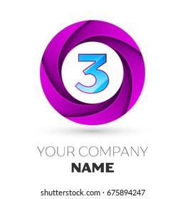 Realistic number three vector logo symbol in the colorful circle on white background. Vector template for your design