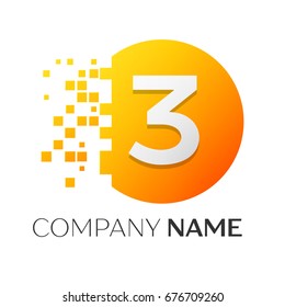 Realistic number three vector logo symbol in the colorful circle with shattered blocks on white background. Pixel Motion. Vector template for your design