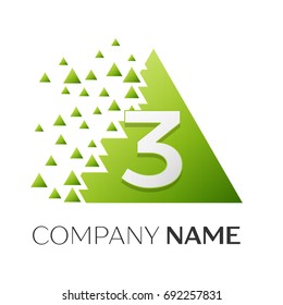 Realistic number three vector logo symbol in the colorful triangle with shattered blocks on white background. Pixel Motion. Vector template for your design