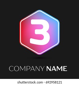 Realistic number three vector logo symbol in the colorful hexagonal on black background. Vector template for your design