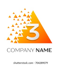 Realistic number three vector logo symbol in the colorful triangle with shattered blocks on white background. Pixel Motion. Vector template for your design