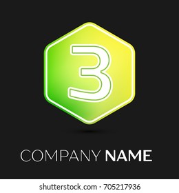 Realistic number three vector logo symbol in the colorful hexagonal on black background. Vector template for your design