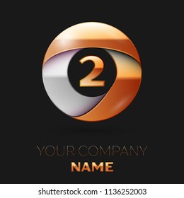 Realistic Number Two logo symbol in the colorful golden-silver circle shape on black background. Vector template for your design