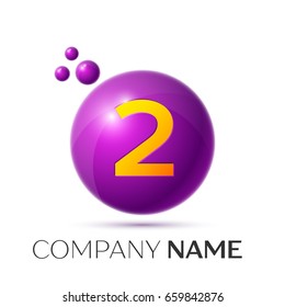 Realistic Number two splash logo. Purple dots and bubbles number design on grey background. Vector Illustration