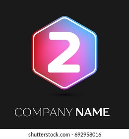 Realistic number two vector logo symbol in the colorful hexagonal on black background. Vector template for your design