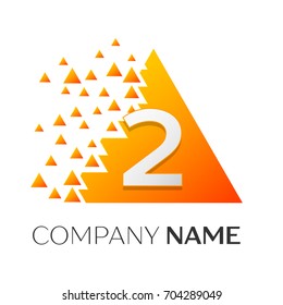 Realistic number two vector logo symbol in the colorful triangle with shattered blocks on white background. Pixel Motion. Vector template for your design