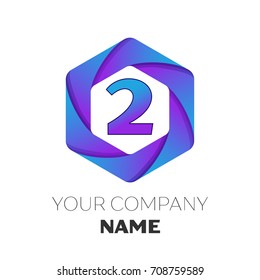 Realistic number two vector logo symbol in the colorful hexagonal on white background. Vector template for your design
