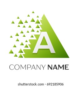Realistic number A vector logo symbol in the colorful triangle with shattered blocks on white background. Pixel Motion. Vector template for your design