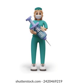 Realistic nurse is preparing to give injection. Medical staff holding syringe