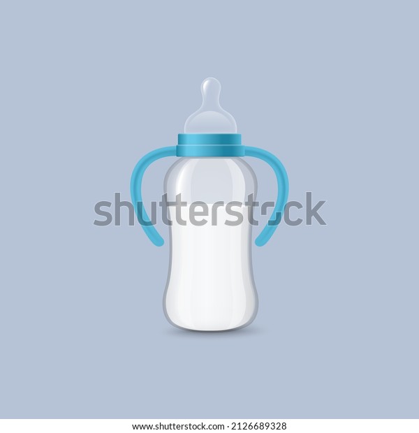 Realistic nursing bottle with milk for\
feeding babies and infants, vector illustration isolated on gray\
background. 3d baby bottle with teat, handle and\
cap.
