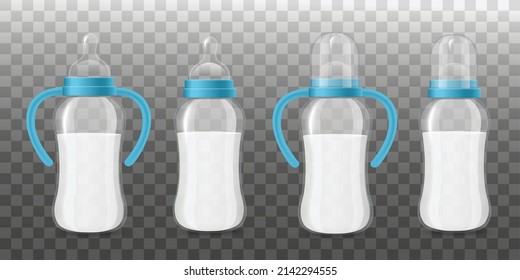 Realistic nursing bottles with milk inside, vector illustration isolated on transparent background. Set of 3d feeding bottles for babies and infants with nipples, handles and caps.