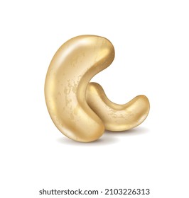 Concepto realista de nuez. Pegatina o icono con anacardo suave con vitaminas y proteínas. Comida deliciosa y saludable. Elemento de diseño para el embalaje. Ilustración vectorial 3D de dibujos animados aislada en fondo blanco