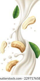 Nueces realistas en la leche. Cashew y crema movimiento de flujo líquido. Bebida vegetariana. Aplastamiento fluido con gotas. Vendo bebida. Producto lácteo alternativo. Semillas de vectores y