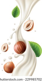 Nueces realistas en la leche. Movimiento de flujo líquido de avellanas y crema. Bebida vegetariana. El sabor de Filbert. Aplastamiento fluido con gotas. Producto lácteo alternativo. Vectores