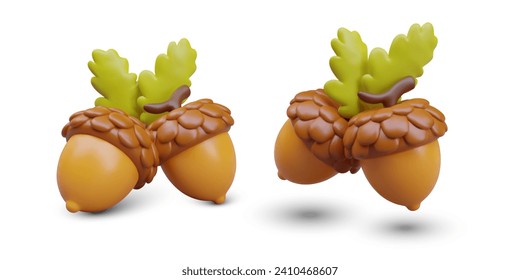 Realistic Oak tree fruit with shadow in different positions. Botanical autumn concept. Wild forest branch with acorn. Vector illustration in 3d style in orange colors with green leaves