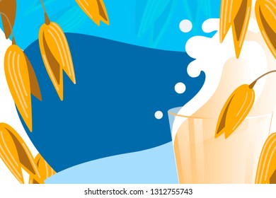 Realistic Oat Bunch, Yellow Cereals For Bakery, Flour Production Design. Vector Wheat Ears Spikelets With Grains In Milk Splash. Whole Stalks, Organic Vegetarian Food Packaging Element Illustration.