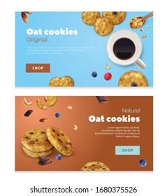 Realistic oat cookies set of two horizontal banners with food images editable text and shop button vector illustration