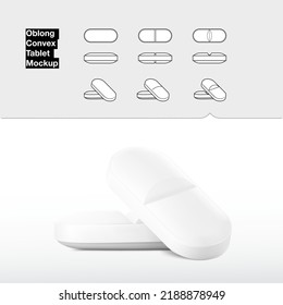 Realistische, längliche, konvexe Tablette mit Bruchlinien-Set. Vektorgrafik einzeln auf weißem Hintergrund. Kann für medizinische, pharmazeutische und kosmetische Zwecke verwendet werden. Perfekt für Ihr Design. EPS10.	