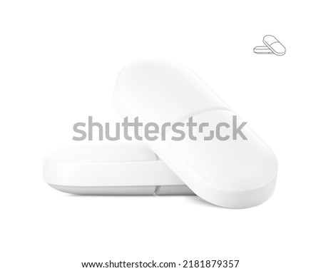 Realistic oblong convex tablet with break line mockup. Vector illustration isolated on white background. Can be used for medical and cosmetic. Ready for your design. EPS10.