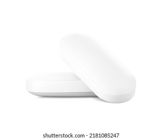 Realistic oblong tablet with convex mockup. Vector illustration isolated on white background. Can be used for medical and cosmetic. Ready for your design. EPS10.	