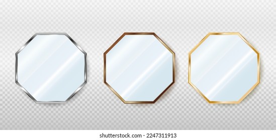 Realistic octagonal mirrors in metal, bronze and gold frames. Reflective glass plate. 3d vector illustration  isolated on transparent background.